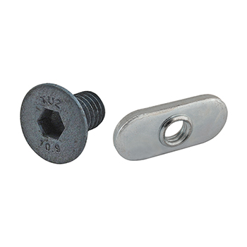 Bolt Assembly: (2) M6 x 10.00mm Blue FHSCS with (2) Slide-In Economy T-Nut - Centered Thread - Bright Zinc (75-3541)